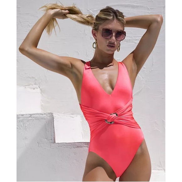 Trina Turk Other - Trina Turk Wrap One Piece Swimsuit Coral Ring Accent Cross Back Size 6 NWT $178